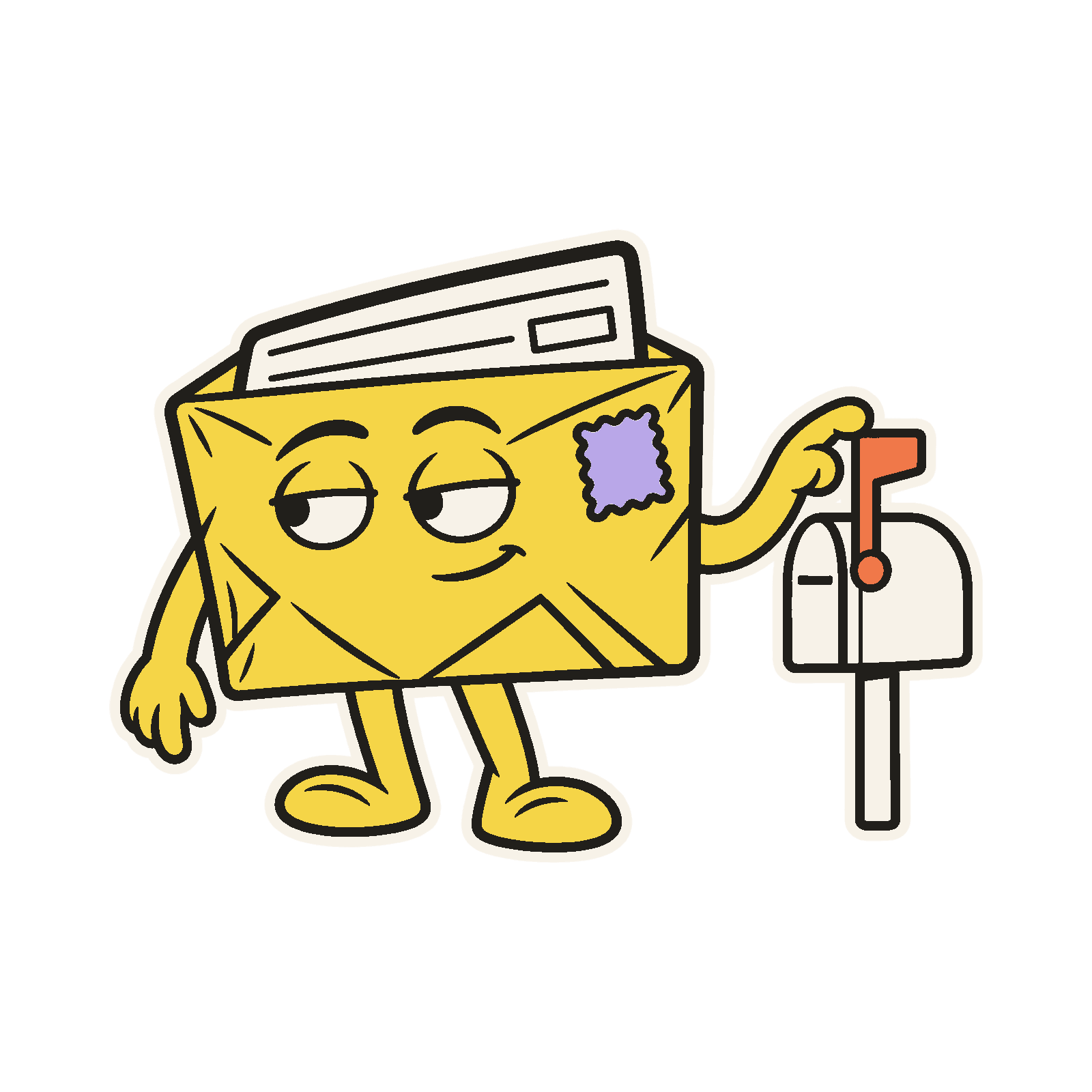 The JustSendTheCheck envelope, unbothered, next to a mailbox